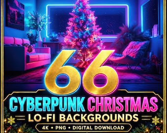 66 sfondi natalizi Cyberpunk Lofi per Vtuber, sfondi per streaming, sfondi per Twitch, sfondi virtuali, stanze per Vtuber, download digitale