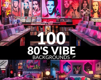 Pacchetto di sfondi Vtuber, sfondi Twitch Zoom Vibe Stream di 100 x anni '80, sfondo virtuale Vtube retrò anni '80, download digitale Vtuber