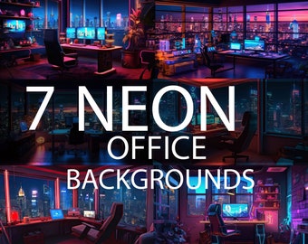 Pacchetto di sfondi Neon Office per Vtuber, sfondi per streaming, sfondi per Twitch, sfondi per Zoom, sfondi virtuali, stanze per Vtuber