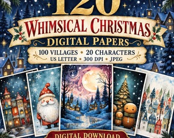Pacchetto di 120 carte digitali natalizie fantasiose, villaggi invernali e personaggi festivi, Babbo Natale, pupazzo di neve, omino di pan di zenzero (download digitale).