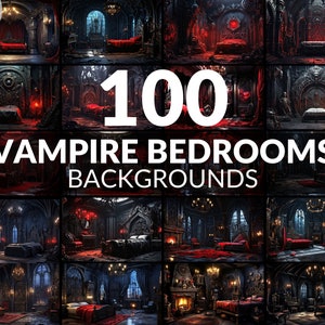 May include: A collection of 100 digital backgrounds featuring vampire bedrooms. The backgrounds are dark and gothic, with red accents and ornate furniture. The images are perfect for use in digital art, graphic design, and other creative projects.