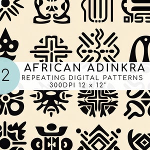 May include: A set of 12 black and white African Adinkra repeating digital patterns. The patterns are 12 inches by 12 inches and 300 DPI.