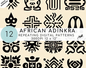 12 Pacchetto di modelli digitali senza cuciture ispirato ad Adinkra africano, modello digitale Adinkra africano, modello ripetibile africano, download digitale