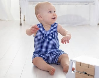 Rojo o Azul Gingham monograma jon-jon/traje corto personalizado/shortall de bebé