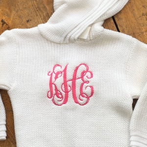 Zip Back Monogrammed Sweater / Initial Sweater / Hooded Baby Sweater with Zipper in Back / Personalized Sweater / Embroidered Sweater image 1