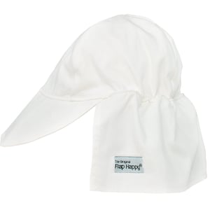May include: White cotton sun hat with a flap that can be pulled down to protect the neck. The hat has a brim and a label that reads "The Original Flap Happy".