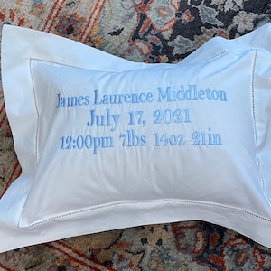White linen/poly hemstitch Pillow with Name, Date & Birth Stats / Monogrammed Pillow w/ Birth Stats/ Baby Boudoir Pillow