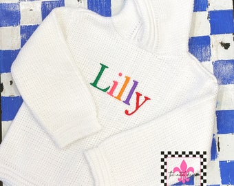 Zip Back Monogrammed Sweater / Name Sweater / Hooded Baby Sweater with Zipper in Back / Personalized Sweater / Embroidered Sweater