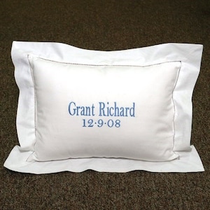 White linen/poly blend hemstitch Pillow with Name & Date / Personalized Pillow with Birthdate / Monogrammed Pillow w/ Name Birth Date
