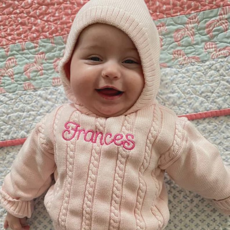 Zip Back Personalized Name Sweater / Hooded Baby Sweater with Zipper in Back / Monogrammed Sweater / Embroidered Sweater / Infant Sweater image 1