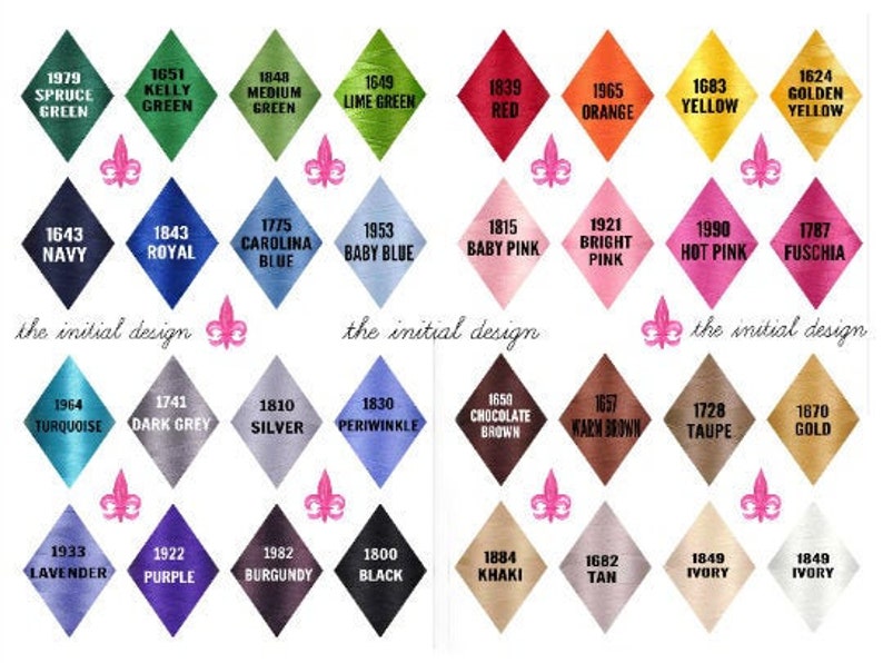 May include: A chart of 36 color swatches in a diamond shape. Each swatch has a number and a color name. The colors include spruce green, kelly green, medium green, lime green, red, orange, yellow, golden yellow, navy, royal, carolina blue, baby blue, baby pink, bright pink, hot pink, fuchsia, turquoise, dark grey, silver, periwinkle, chocolate brown, warm brown, taupe, gold, lavender, purple, burgundy, black, khaki, tan, ivory, and ivory.
