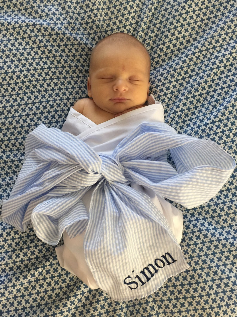 Personalized Swaddle Blanket With Bow/ Seersucker Swaddle Etsy