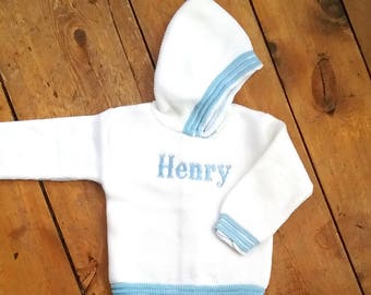 Zip Back Monogrammed Name Sweater / Hooded Baby Sweater with Zipper in Back / Personalized Sweater / Embroidered Sweater / Toddler Sweater