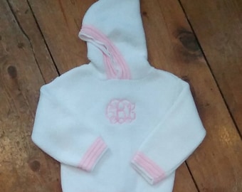 Zip Back Monogrammed Sweater / White /Pink Trim / Personalized Baby Girl Sweater / Hooded Baby Sweater Zipper Back / Embroidered Sweater