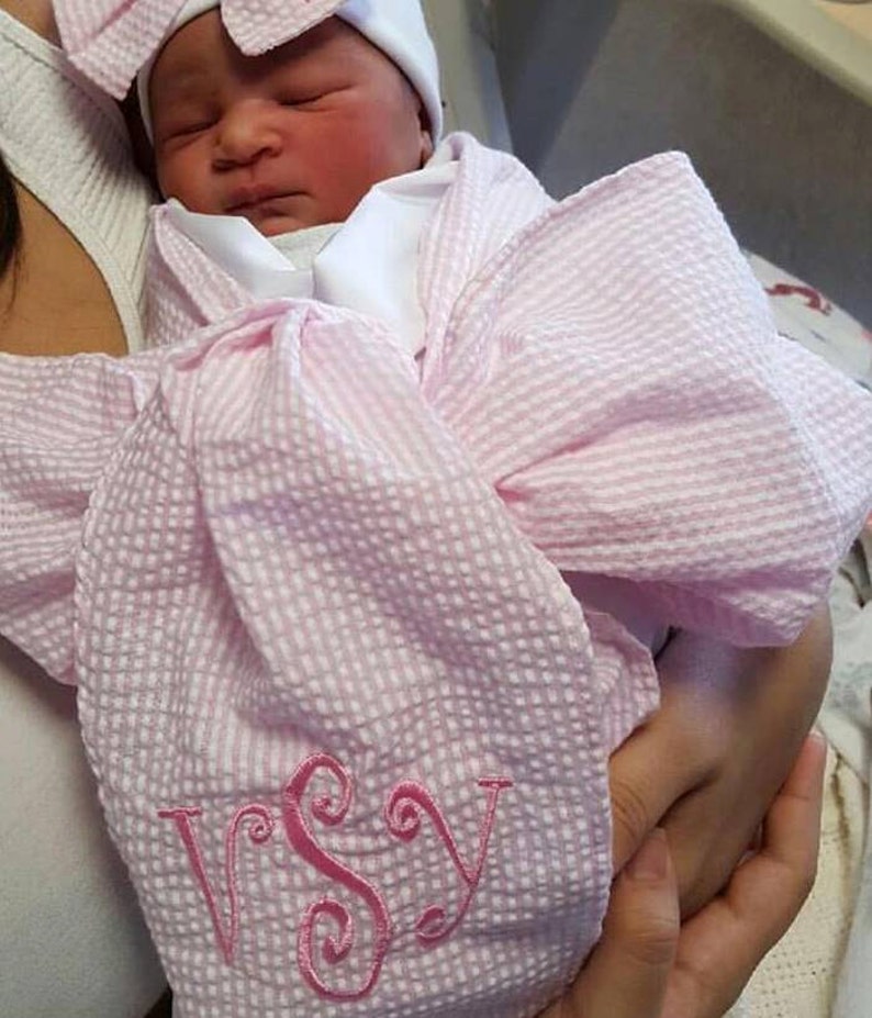 Personalized Swaddle Blanket With Bow/ Seersucker Swaddle Etsy