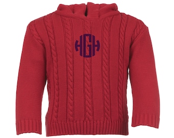 Zip Back Red Cable Knit Monogrammed Sweater / Hooded Baby Sweater with Zipper in Back / Personalized Sweater / Embroidered Sweater