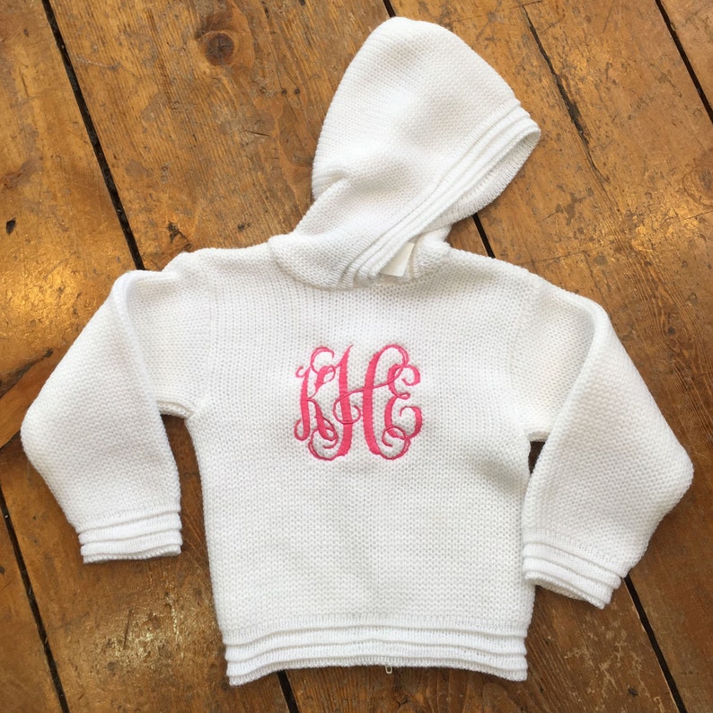 Zip Back Monogrammed Sweater / Initial Sweater / Hooded Baby Sweater with Zipper in Back / Personalized Sweater / Embroidered Sweater image 1