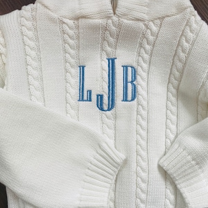 Zip Back Monogrammed Sweater / Personalized Sweater with Initials / Hooded Sweater Zipper in Back / Embroidered Sweater / Infant Sweater image 1
