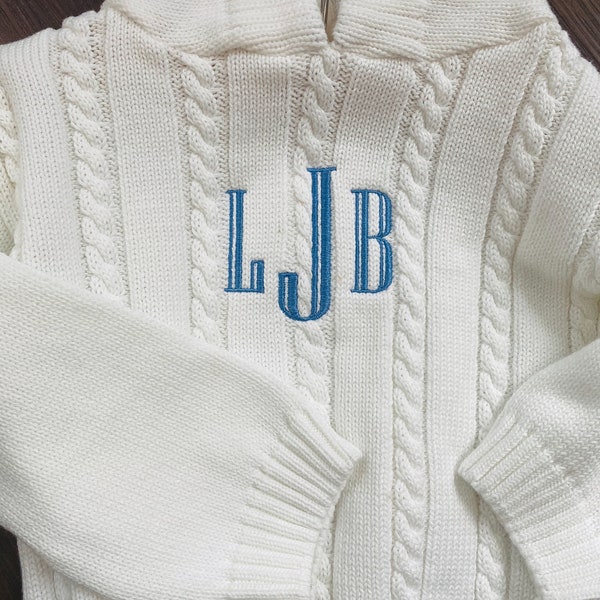 Zip Back Monogrammed Sweater / Personalized Sweater with Initials / Hooded Sweater Zipper in Back / Embroidered Sweater / Infant Sweater