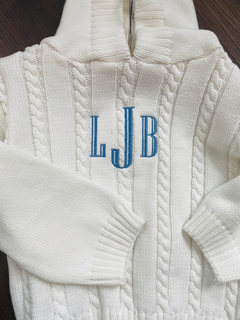 Zip Back Monogrammed Sweater / Personalized Sweater with Initials / Hooded Sweater Zipper in Back / Embroidered Sweater / Infant Sweater image 1