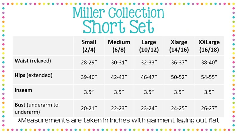 May include: A size chart for a short set, showing measurements in inches for waist, hips, inseam, and bust for sizes small (2/4) to XX-large (16/18).