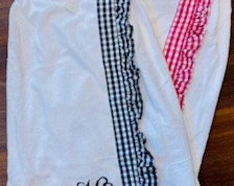 White Towel Wrap with gingham ruffle trim & monogram / Personalized Towel Wrap / Monogrammed Terry Wrap / Embroidered Spa Wrap