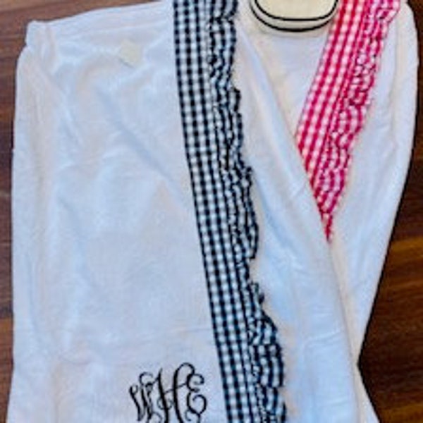 White Towel Wrap with gingham ruffle trim & monogram / Personalized Towel Wrap / Monogrammed Terry Wrap / Embroidered Spa Wrap