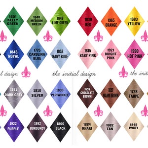 May include: A chart of 36 color swatches in a diamond shape with a number and color name below each swatch. The colors are arranged in rows of four, with the first row being green shades, the second row being blue shades, the third row being grey shades, the fourth row being blue shades, the fifth row being brown shades, and the sixth row being beige shades. The text "the initial design" appears three times below the chart.