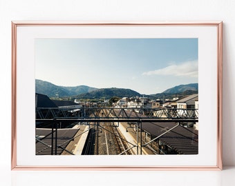 Landscape Photography, Japan, City, Train Station, Mountain, Download Digital Photography, Print, Downloadable Image, Printable Art, Artwork