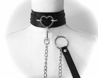 Thick heart collar and leash combo black with gold or silver hardware