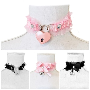 Kitten ribbon ruffle lock choker, collar in pink or black with pink heart lock, blue, gold, or silver heart lock. (Streches to fit)