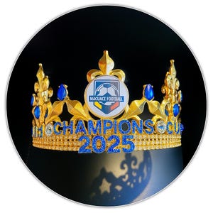 May include: A gold-colored crown with blue gemstones and the words "CHAMPIONS CUP 2025" in blue. The crown features a central emblem with a soccer ball and the text "MACUACE FOOTBALL". The crown is set against a black background.