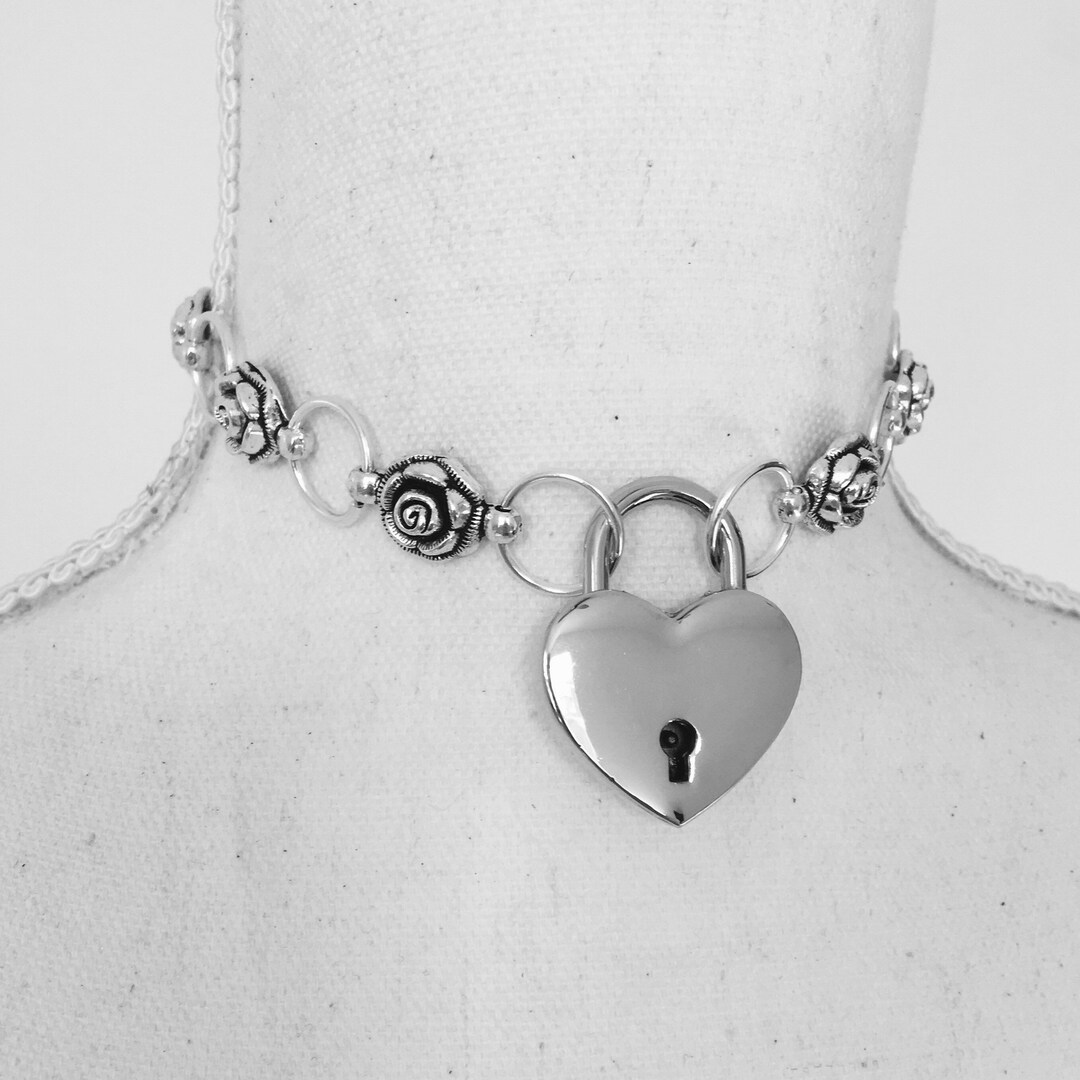 Rose Chain Lock Collar Choker. Choice in Lockssilver Heart, Silver