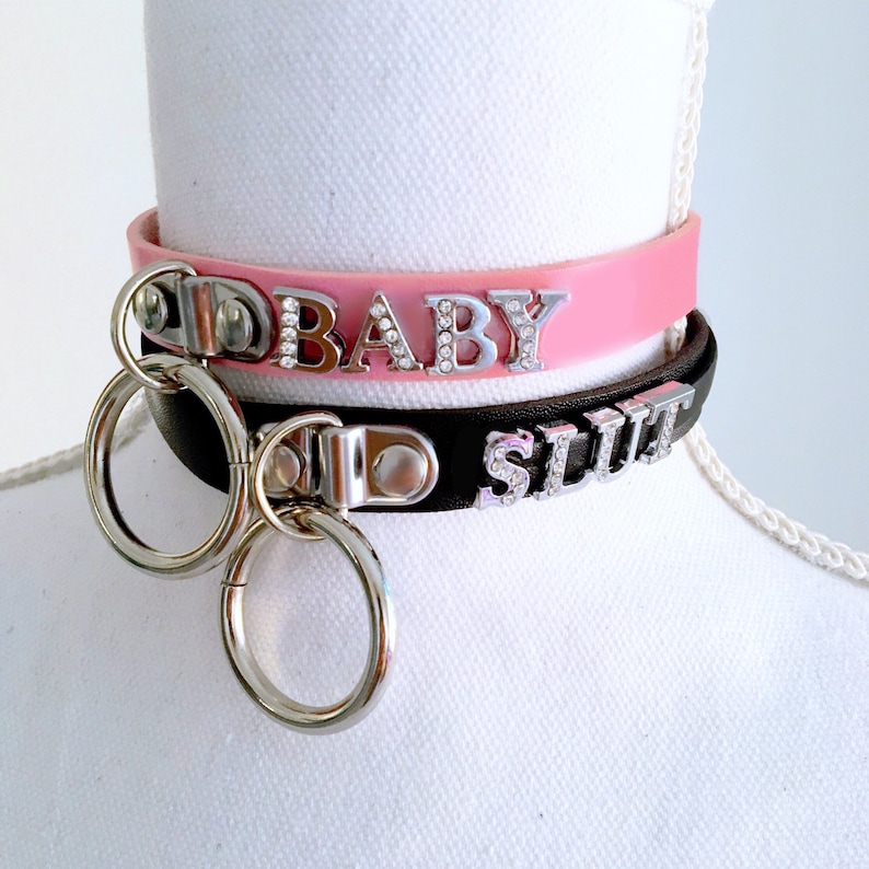 Mature-Custom collar- pink/black/custom color DDLG/BDSM choker. Choose your word...sl*t, daddys girl, princess...anything.(vegan leather) 