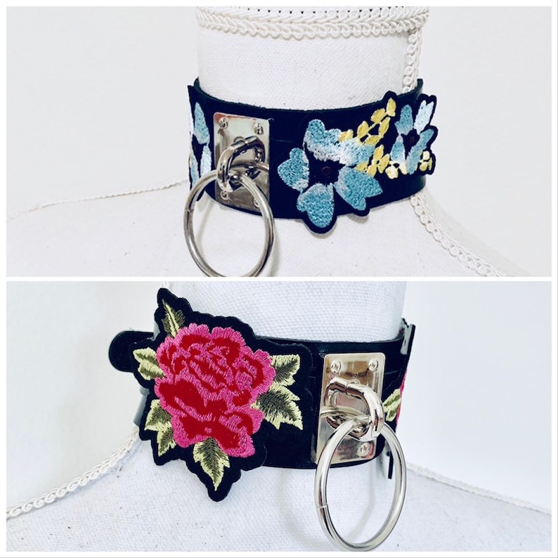 pink blossom or blue butterfly blue flowers Embrodered flower thick collar BDSMDDLG choker *limited edition! Red rose