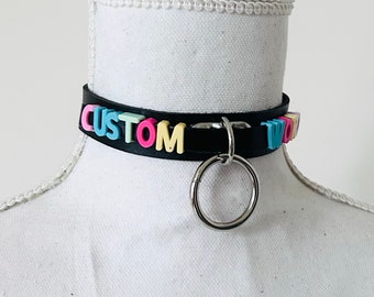 Mature-Custom multi colored letter collar- pink/black choker. Choose your word...sl*t, daddys girl, princess...anything.(vegan leather)