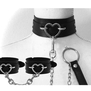 Thick heart collar cuffs and leash combo black with gold or silver hardware