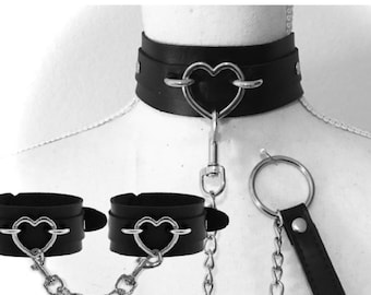 Thick heart collar cuffs and leash combo black with gold or silver hardware
