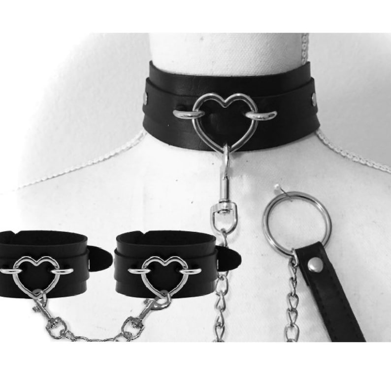 Thick Heart Collar Cuffs and Leash Combo Black With Gold or Etsy