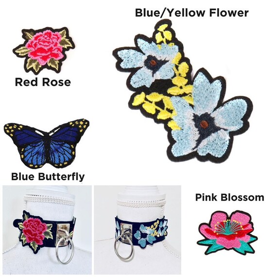 pink blossom or blue butterfly blue flowers Embrodered flower thick collar BDSMDDLG choker *limited edition! Red rose