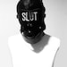 Mature bondage hood mask with gag and eye mask laced back, with optional words on eye mask or over mouth 