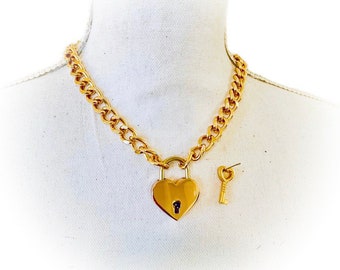 Large gold chain and heart lock collar. Choice in locks- Gold heart, Silver heart, pink heart, blue heart