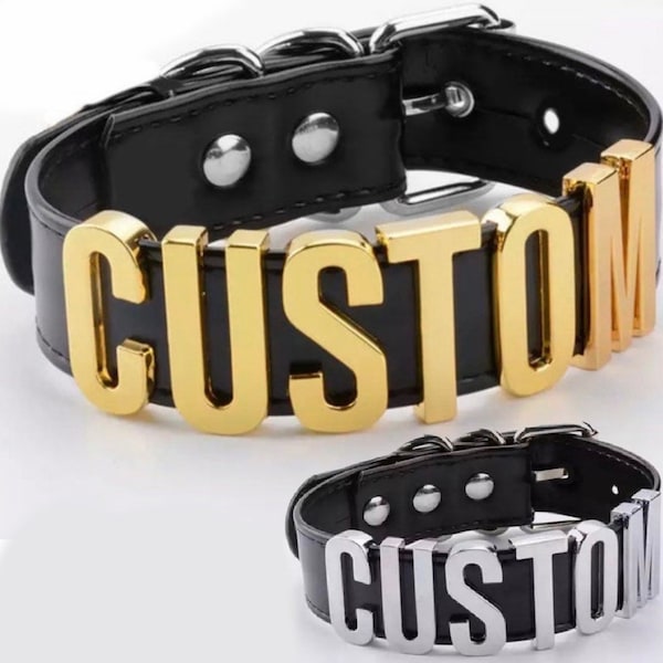 Custom, SLUT, DADDY or PUDDIN thick collar with huge gold or silver 30mm letters choker. Choose your words up to 10 letters