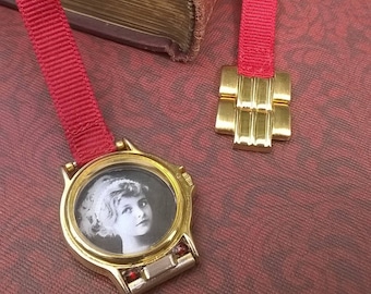 Locket bookmark, your photo, memory keeper, charm or treasure holder, from upcycled, repurposed wristwatch and red ribbon.