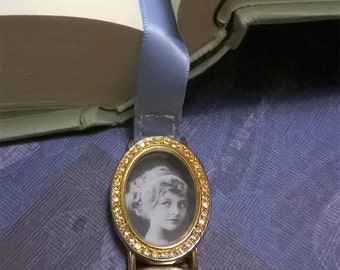 Photo locket bookmark, you photo, memory keeper, charm or treasure holder, from upcycled, repurposed wristwatch and blue ribbon.