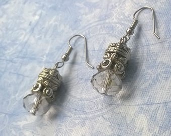 Tibetan silver crystal dangle earrings. special occasion dangle earrings, gothic silver crystal spike earrings.