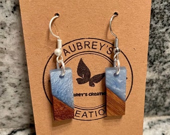 Wood and Resin Earrings, Blue Resin Earrings, Boho Earrings, Dangle & Drop Earrings, Statement Earrings