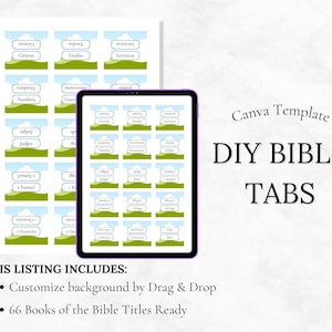 Peut inclure: Un modèle Canva numérique pour des onglets de Bible à faire soi-même. L'image montre une tablette affichant des modèles d'onglets avec des titres de livres, ainsi que des exemples d'onglets imprimés. Le texte comprend "DIY BIBLE TABS" et "THIS LISTING INCLUDES:" avec des fonctionnalités.
