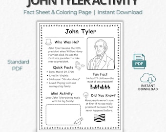 Può includere: Un foglio informativo e da colorare stampabile in bianco e nero su John Tyler, il 10° presidente degli Stati Uniti. Il foglio include fatti, un ritratto e una mini-attività. Le parole "John Tyler Activity" e "Instant Download" sono in alto.