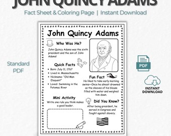 Può includere: Un foglio informativo e da colorare in bianco e nero con John Quincy Adams. Il foglio include fatti veloci, una mini attività e un fatto divertente sull'ex presidente. Il testo "Fact Sheet & Coloring Page | Instant Download" è in alto.